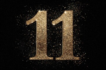 Golden Number 11 with Sparkles and Glitter on Black Background