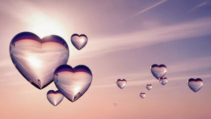 Translucent Glass Hearts Floating in a Vibrant Pink Sky with Cinematic Light and Clouds