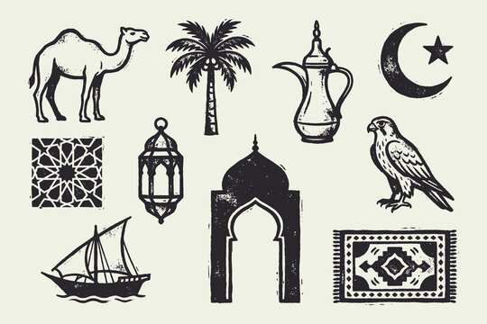 Vintage Arabian and Islamic Icons Set. Hand-Drawn Middle Eastern Culture Symbols.