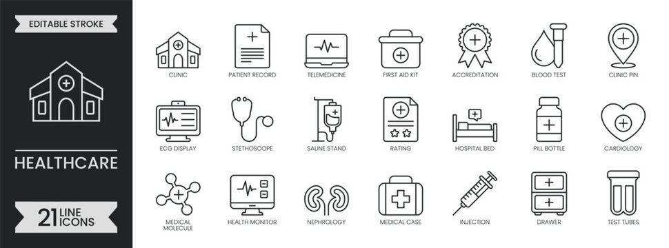 Healthcare outline icon set. Hospital related line icons collection. Doctor, medical, medicine, cardiology, treatment, injection, clinic, pill. Editable stroke symbols pack. Vector illustration