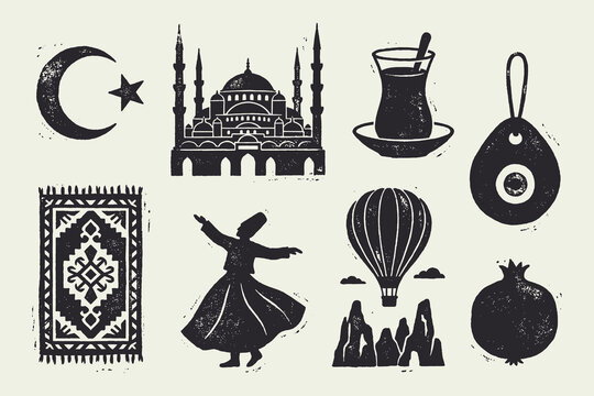 Vintage Turkish Culture Icons Set: Travel Symbols, Mosque, Dervish, and Cappadocia Silhouettes