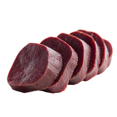 A stack of freshly sliced deep red lean meat, prepared for cooking or packaging against a dark background