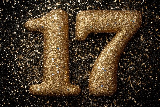 Golden Glitter Number 17 on Sparkling Black Background