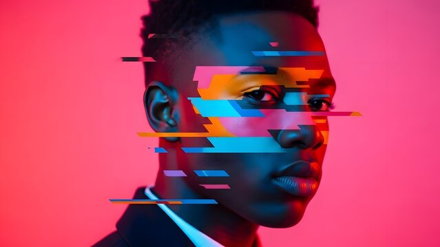 Glitchy portrait of a young man with distorted facial features on a pink background