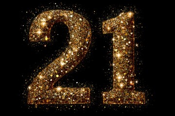 Sparkling Golden Number Twenty-One with Glitters on Black Background