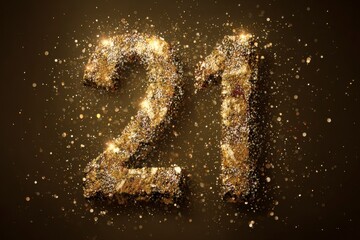 Golden Glittering Number 21 on Dark Background for Celebrations