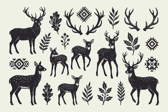 Rustic Hand Drawn Deer and Antler Set with Forest Leaves and Tribal Elements