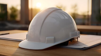 A white hard hat rests on blueprints on a wooden table at golden hour