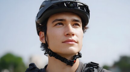 A young man in a cycling helmet with a looks upward outdoors suggesting adventure or contemplation