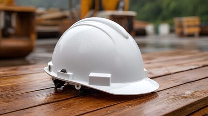 A white hard hat sits on wet wooden planks at an outdoor construction site in the rain