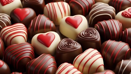 Obraz premium Assorted chocolate hearts and truffles with red and white decorations