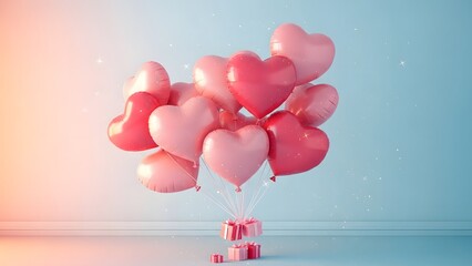 A cluster of pink heart shaped balloons floating in the air with a pastel background