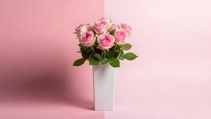 A bouquet of pink roses in a white vase on a pink background