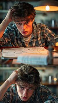 selective focus stressed student studying difficult assignments classroom setting
