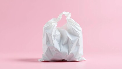 A crumpled white plastic grocery bag on a plain background, trash, disposable