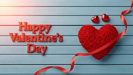 Valentine's day greeting with red heart and ribbon on blue wooden background
