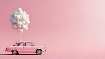 Vintage pink car emitting white smoke on pastel background