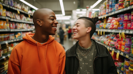 Candid moment of two partners playfully teasing each other while grocery shopping