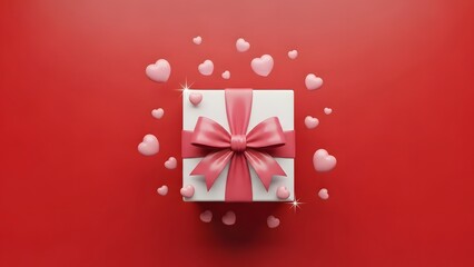 Gift box with pink bow and hearts on red background for valentine's day