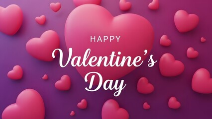 Happy valentine's day greeting with pink hearts on purple background