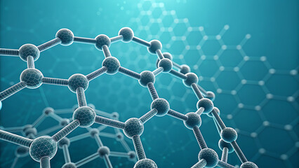 Abstract 3D Molecular Structure with Hexagonal Lattice, Blue Background, Futuristic