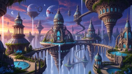 Fantasy Landscape with Floating Islands and Celestial Atmosphere