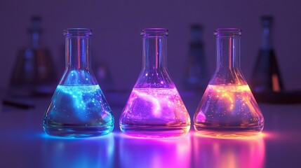 Glass laboratory flasks filled with colorful liquid for science research