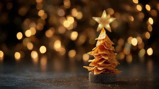 Creative Christmas tree made of nacho chips with a golden star and festive bokeh lights