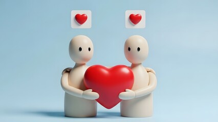 Two figurines holding a heart with two heart symbols above them