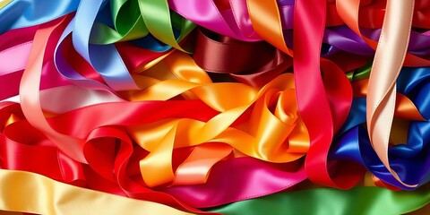Assortment of colorful satin ribbons in various widths and textures,  variety,  red