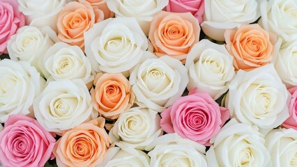 A bouquet of white peach and pink roses in full bloom