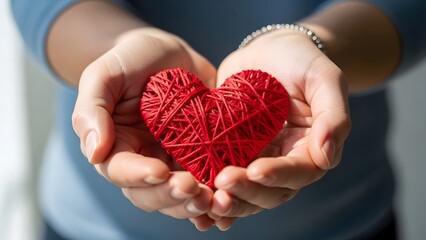 A person tenderly holding a red heart made of yarn in their cupped hands