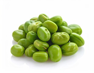 Pile of shiny, bright green, shelled legumes on a clean white backdrop