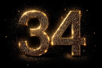 Golden Glittering Number 34 with Sparkles on Black Background