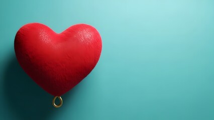 A red heart shaped balloon on a blue background