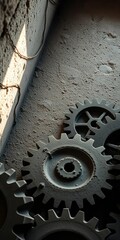 Stone gears rest in diffused light, hinting at past power, a silent, textured canvas,  vintage,  stone
