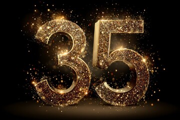 Golden Glittery Number Thirty-Five with Sparkles on Dark Background