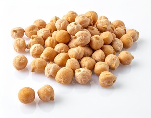 Pile of dried, beige chickpeas on a white reflective surface