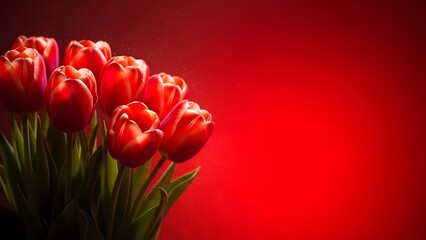 Vibrant red tulips against a matching red background