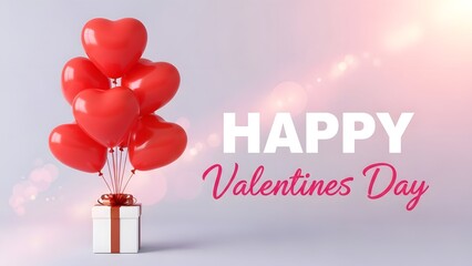 Happy valentine's day greeting with red heart balloons and gift