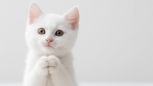 Cute kitten begging with praying hands isolated on white background, adorable baby cat pleading meme with copy space  cat-meme_881