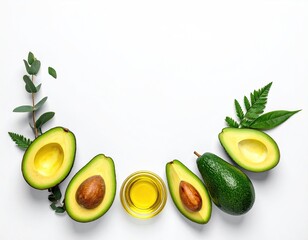 Sliced avocados, oil, and greens arranged on white, fresh healthy food