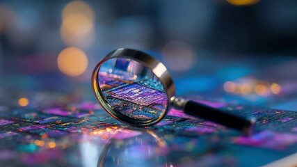 A magnifying glass resting on a surface displaying abstract digital data and bright bokeh - Powered by Adobe