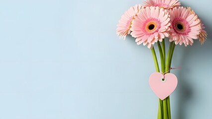 Pink gerbera daisies bouquet with heart tag on light blue background