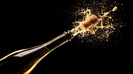 Bottle of sparkling wine bursts open, releasing golden bubbles and excitement