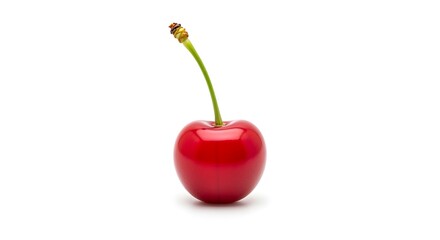 Single vibrant cherry with stem isolated on white background