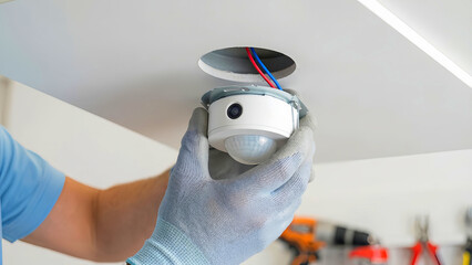 Electrician installing a modern, white ceiling-mounted motion sensor camera device into a pre-drilled aperture with visible electrical wiring connections.