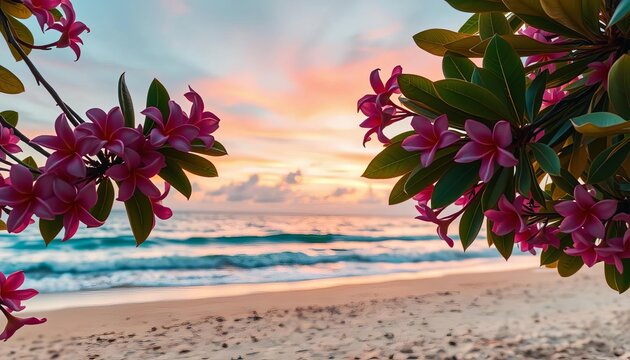 Pink plumeria foliage frames golden sand beach, desaturated wave, pastel twilight sky,  foliage,  tranquil