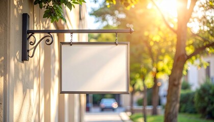 クラシックな街並みに溶け込むアンティーク調の店舗サイン、ロゴデザイン用の空白の吊り看板