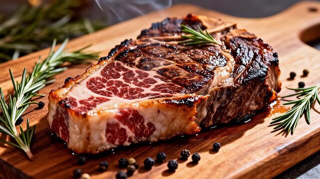 Grilled steak with rosemary and peppercorns